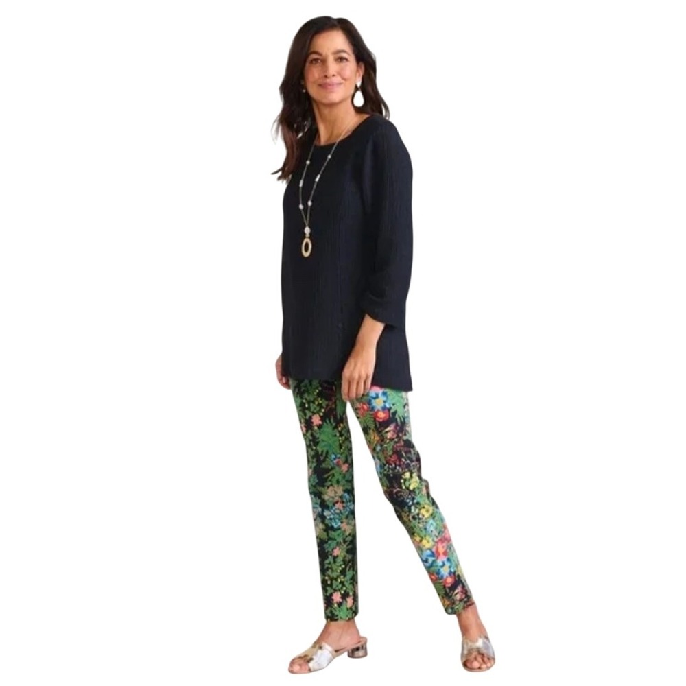 Soft Surroundings‎ Floral Print Straight Leg Pants Black Multi Size Large